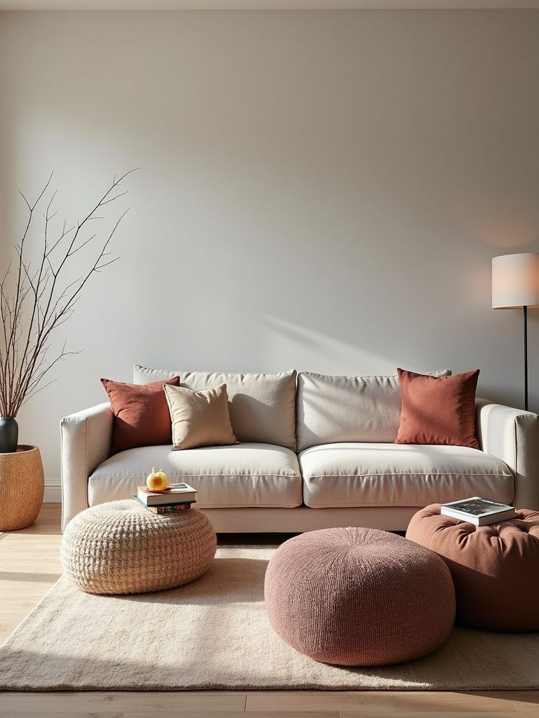 A living room featuring unique seating options, including poufs and a bench