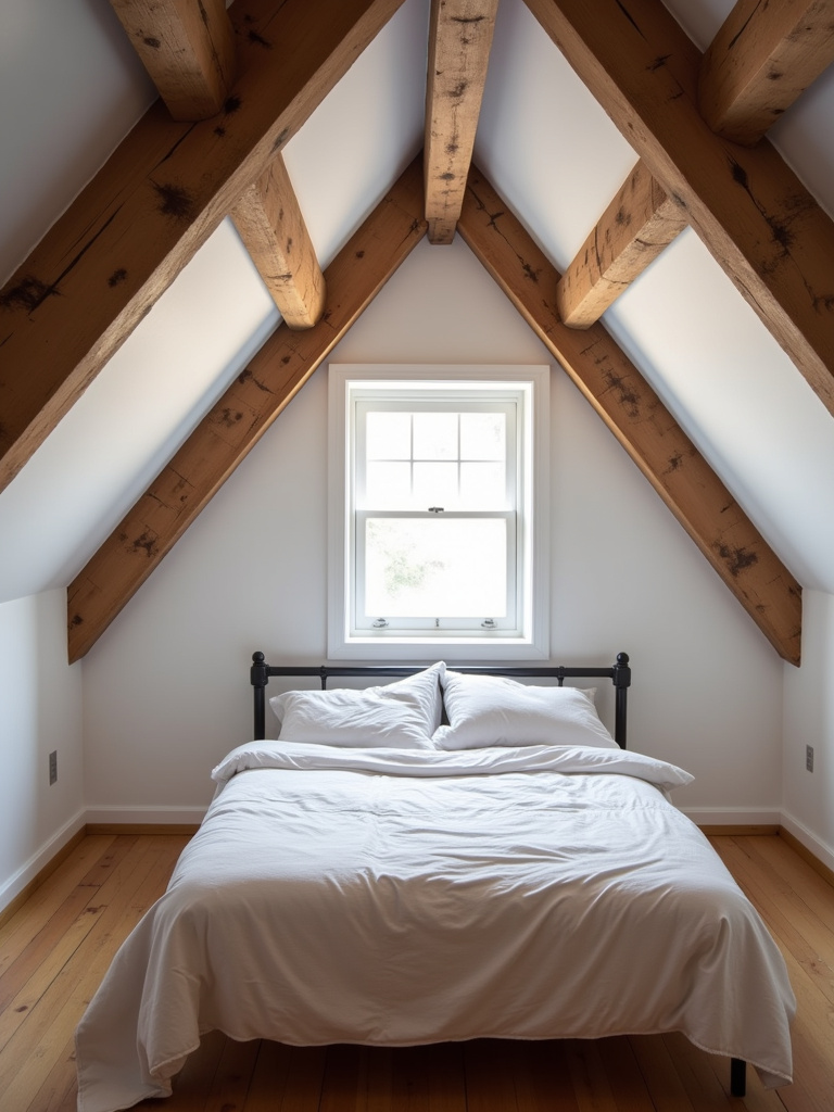 A rustic attic bedroom with exposed wooden beams and simple furnishings.