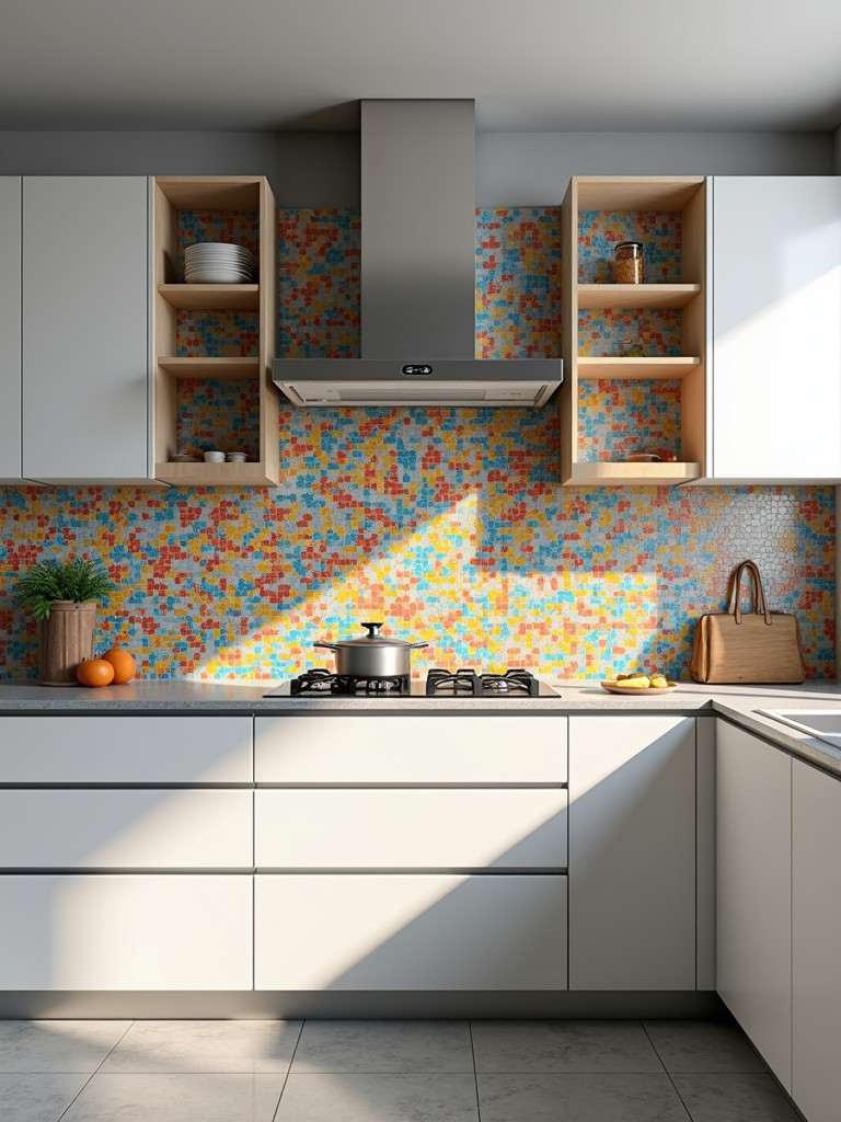 A modern kitchen featuring a colorful mosaic tile backsplash with minimalist design
