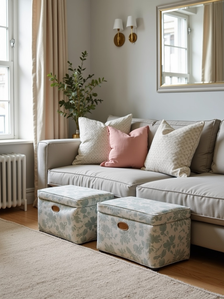 Living room with decorative fabric covered storage boxes.