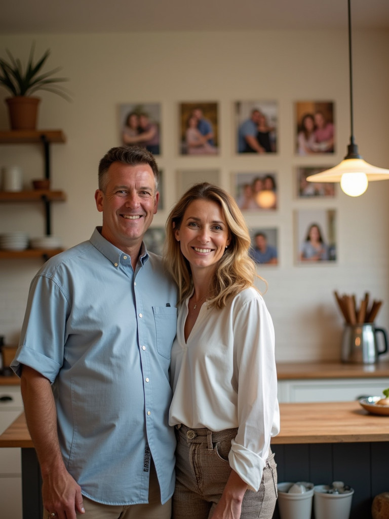 Cozy kitchen with a wall display of family photos.