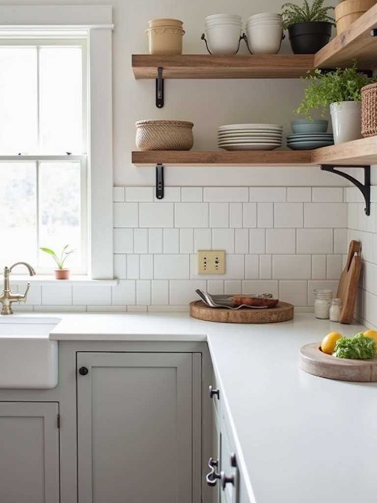 A farmhouse kitchen featuring a white beadboard backsplash and open shelving