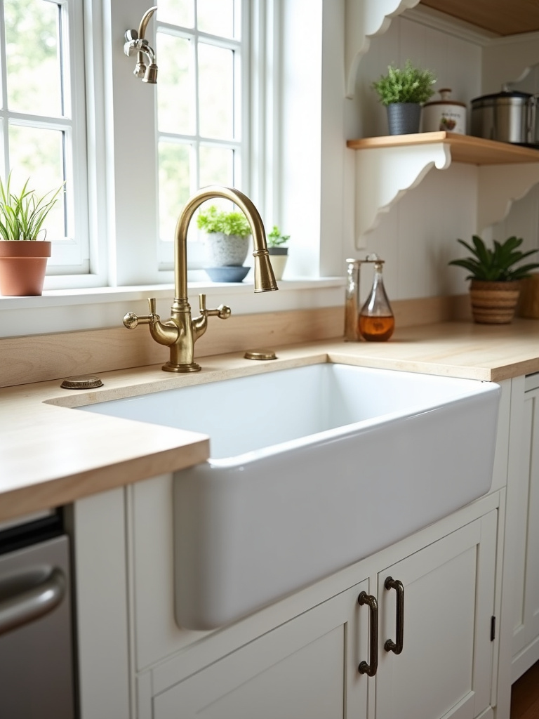 A white farmhouse sink with a brass faucet in a small cottage kitchen with soft natural light