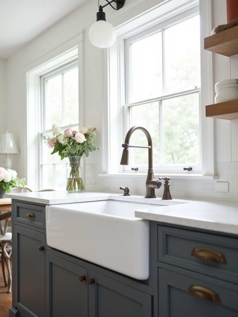 White farmhouse kitchen with deep apron-front sink, dark grey base and natural light from nearby windows.