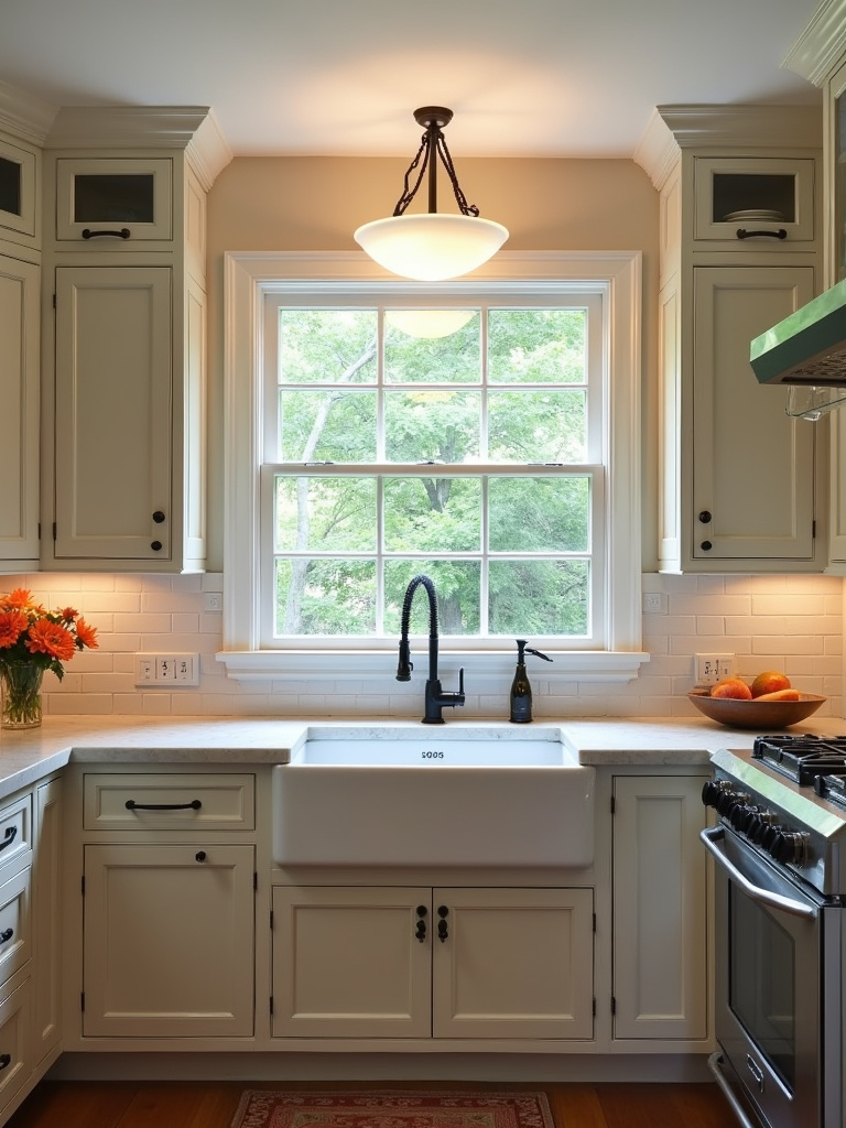 A classic kitchen design featuring a traditional farmhouse sink integrated into the counter.