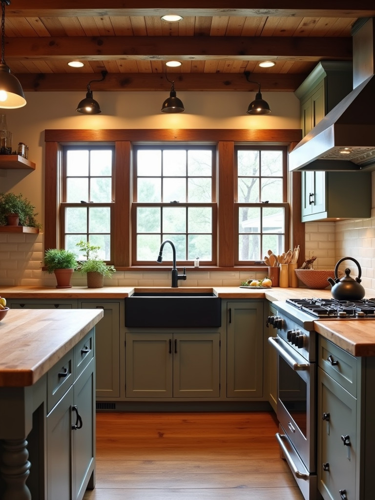 Farmhouse style kitchen bar with butcher block countertop and apron-front sink.