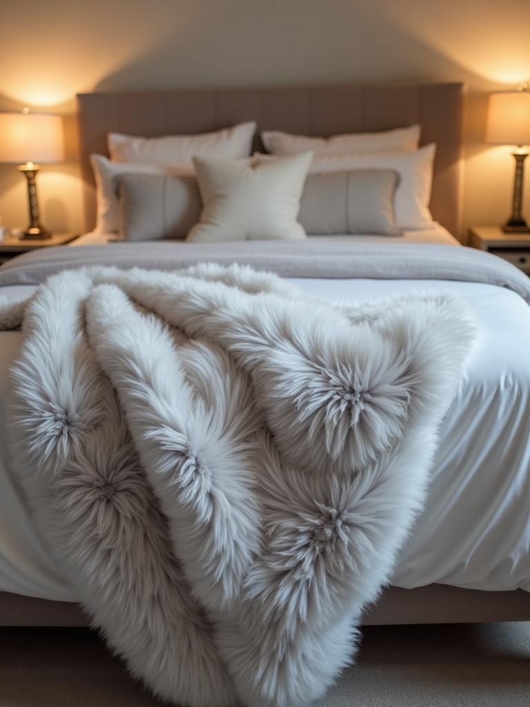 A cozy bedroom with a light grey faux fur throw blanket draped across the bed, with warm lighting from bedside lamps.
