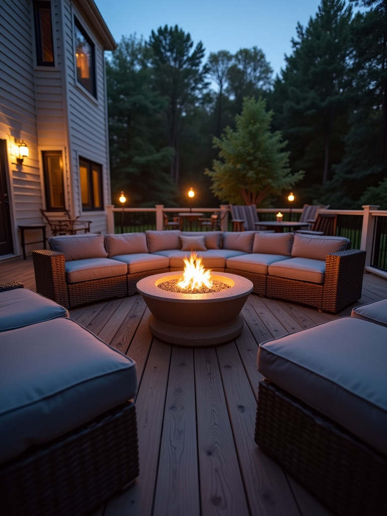 A wooden deck with a circular gas fire pit in the center, surrounded by lounge seating