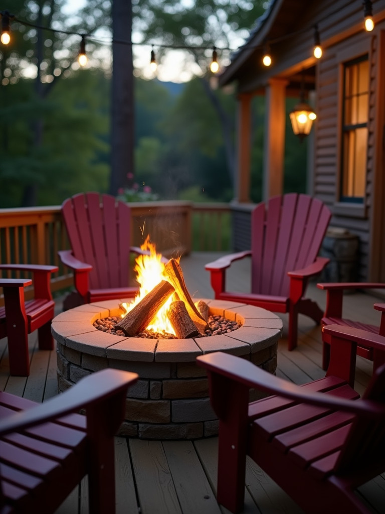 A fire pit with burning logs surrounded by Adirondack chairs on a back porch illuminated by firelight at dusk.