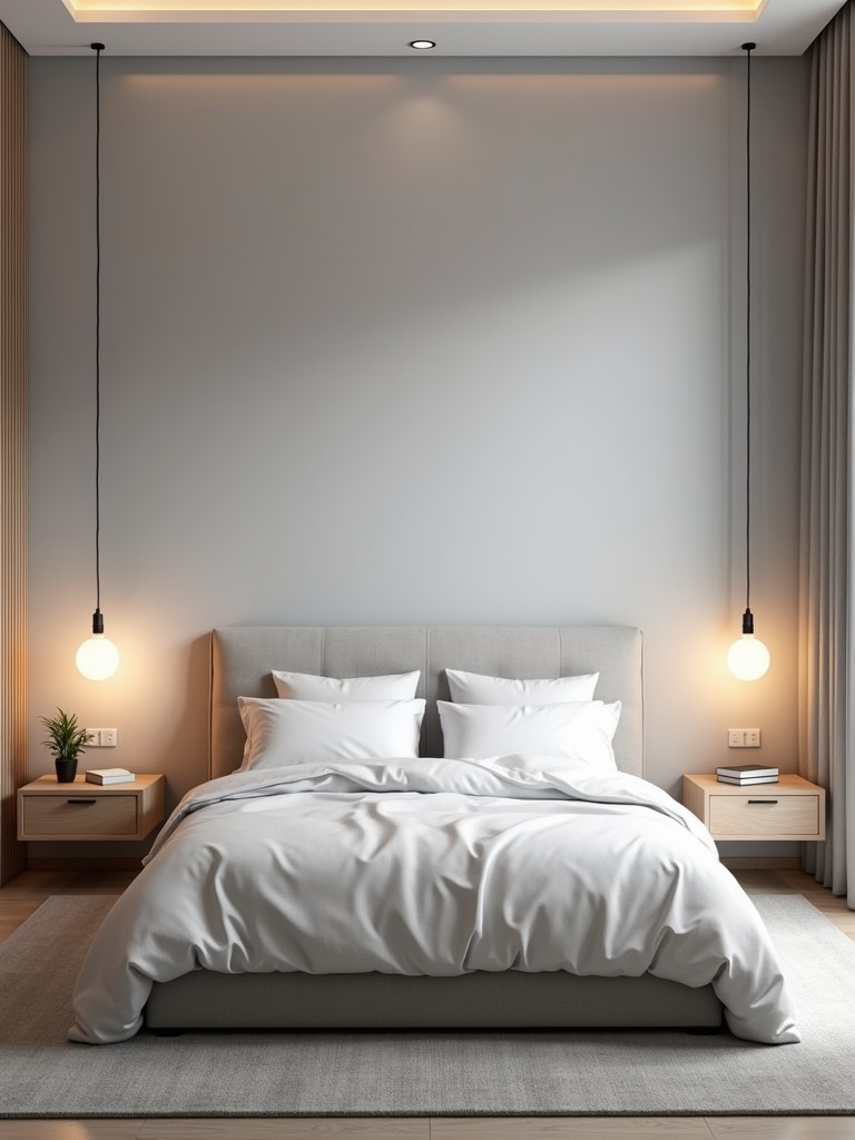 A modern bedroom featuring a bed with two floating nightstands on either side