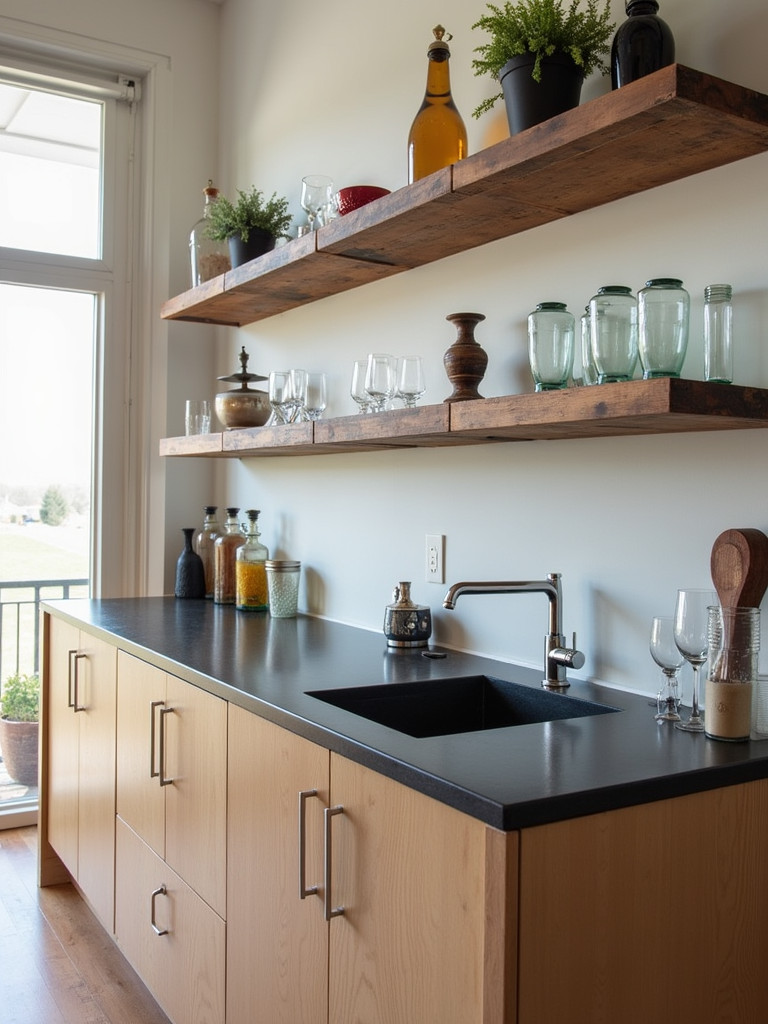 Kitchen bar with floating shelves made of reclaimed wood for storage and display.