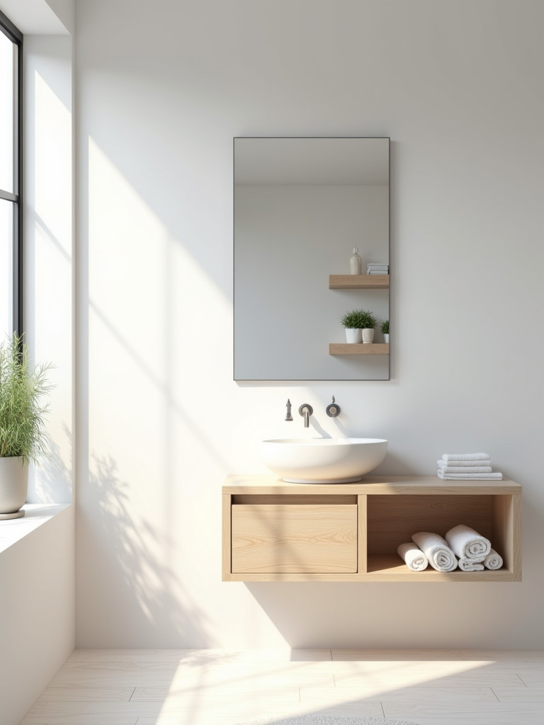 A modern bathroom with light wood floating shelves above a vanity
