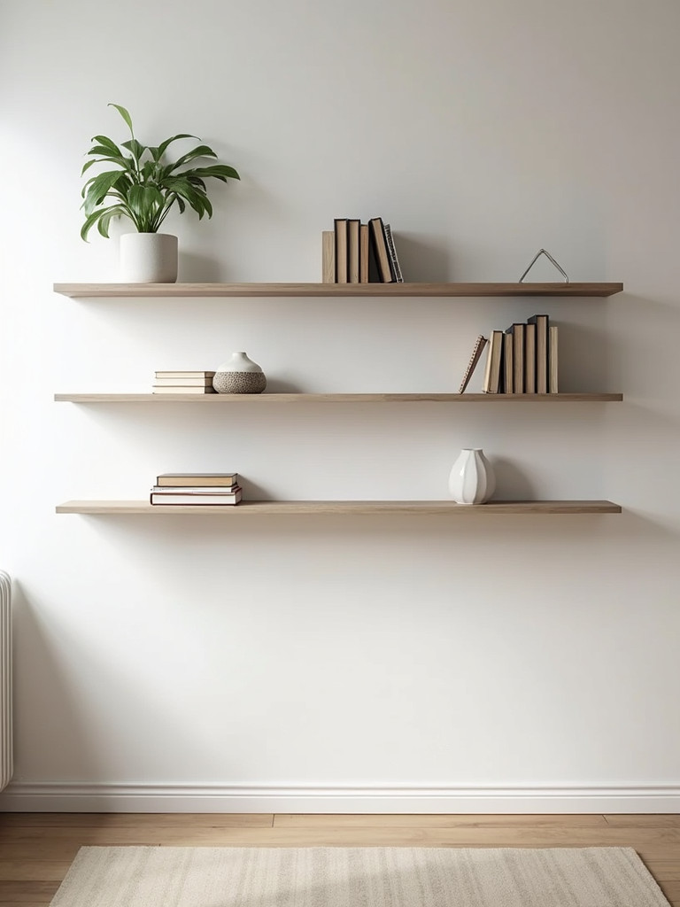 A minimalist bedroom showcasing a set of floating shelves with a few well chosen books, items and a plant, bathed in soft light