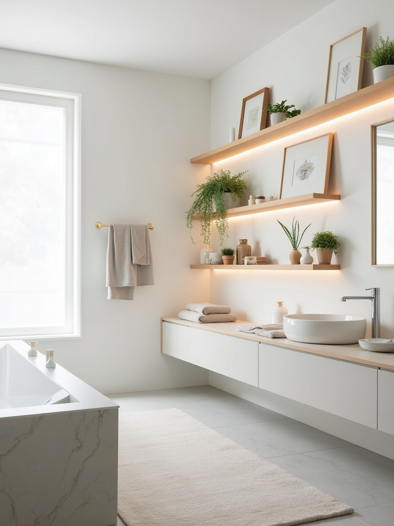 Art pieces and decor objects displayed on light wooden floating shelves in a modern bathroom.