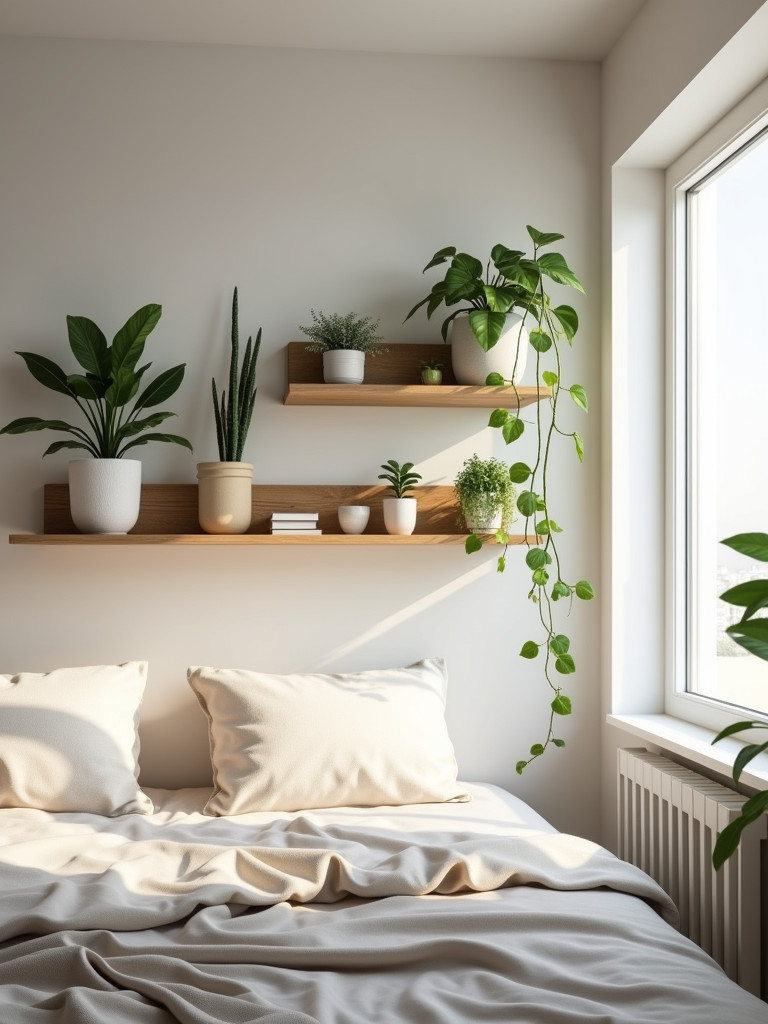 Floating shelves holding various potted plants in a modern bedroom