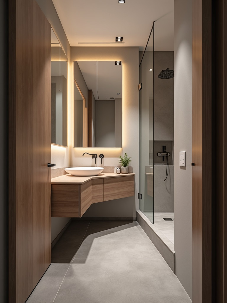 A modern small bathroom with a floating wooden vanity, gray tile floor, soft warm lighting.