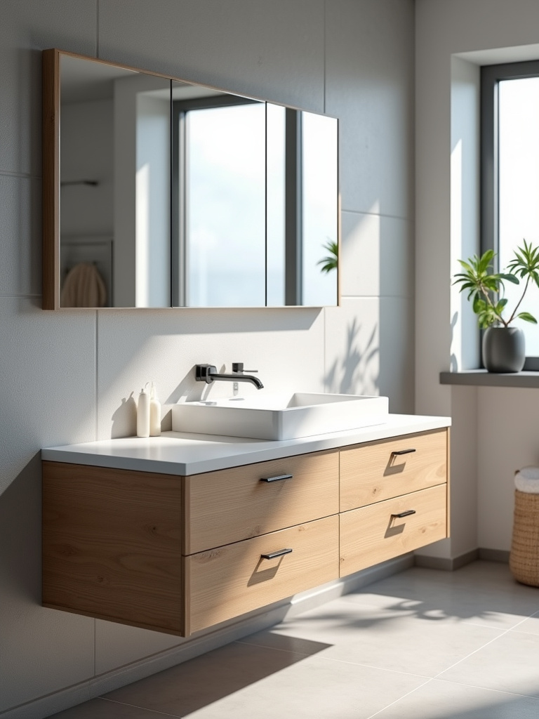 Modern bathroom featuring a light oak wood floating vanity with a white counter