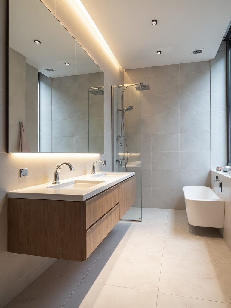 A modern bathroom with a floating vanity and integrated sink, showcasing a clean and spacious design.
