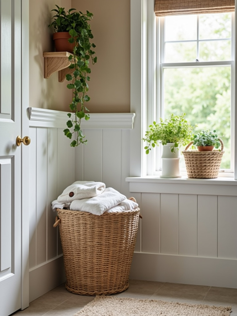 A foldable laundry basket discreetly stored in a clean and organized laundry bathroom corner.