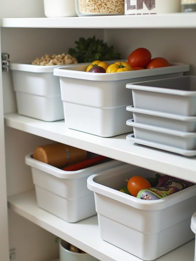 Foldable storage bins arranged on a pantry shelf, offering flexible and space-saving storage