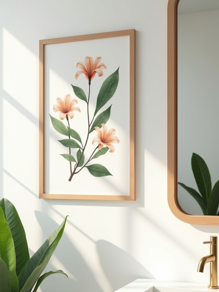 A light wood framed botanical art print hanging on a soft white wall in a bathroom.
