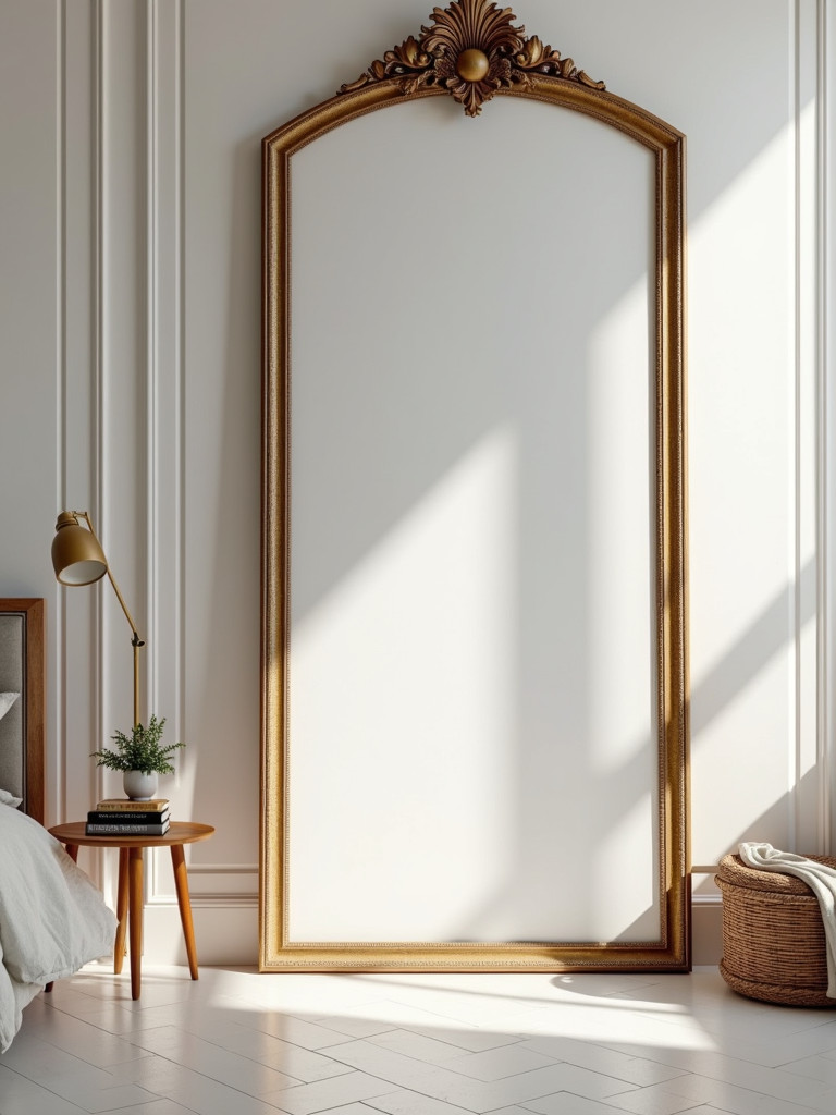 An ornate framed mirror hung in a stylish bedroom