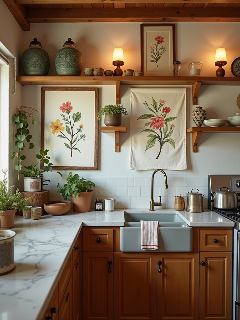 Cozy kitchen with framed tea towels as wall art.