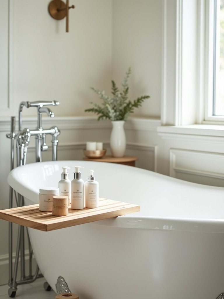 A wooden bathtub caddy holding bath products on a freestanding tub