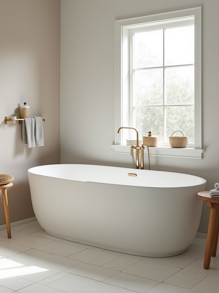 A modern freestanding bathtub with clean lines, creating a relaxing focal point.
