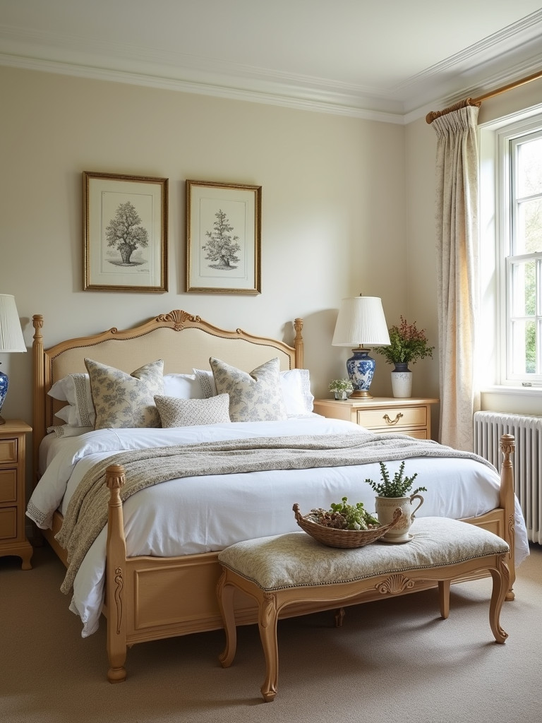 A full French Country bedroom with a light wood bed, toile fabrics, and vintage accents.