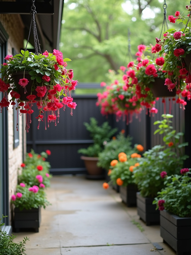 A shaded patio corner with hanging fuchsia baskets in soft, indirect light