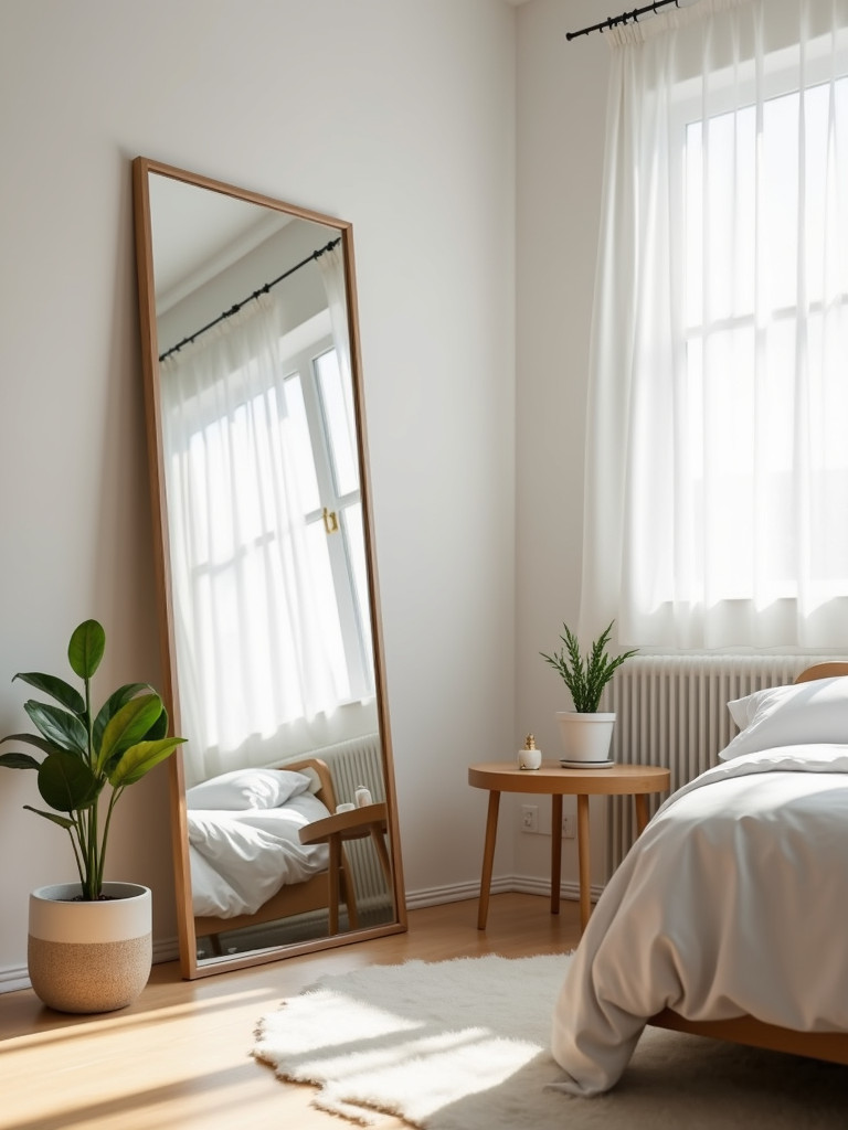 A minimalist bedroom with a leaning full-length mirror, lit with natural light, showcasing a simple bed, side table and a potted plant