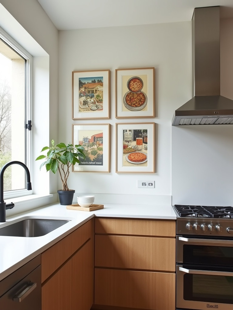 Bright kitchen with a gallery wall showcasing culinary-themed artwork.