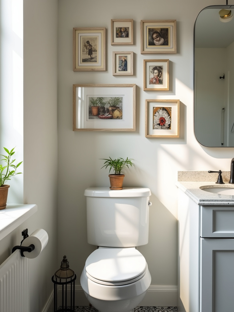 A gallery wall of miniature framed art pieces in a modern quirky bathroom.