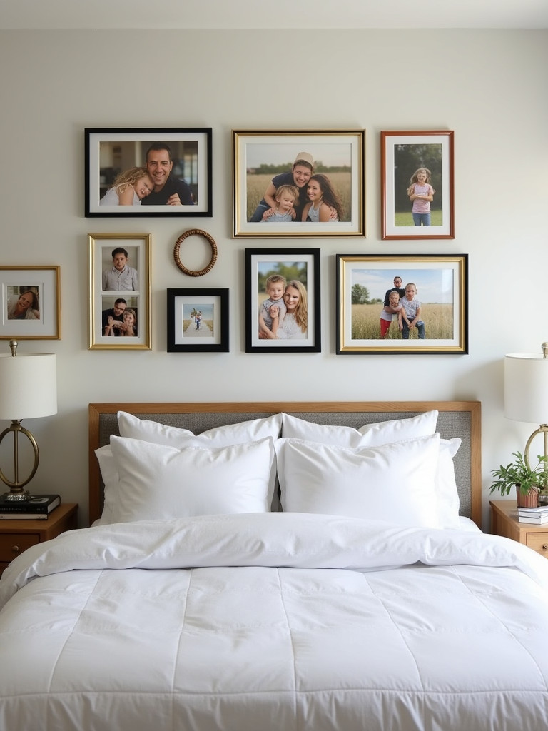 A gallery wall in a bedroom, showing a mix of gold and black framed family photos