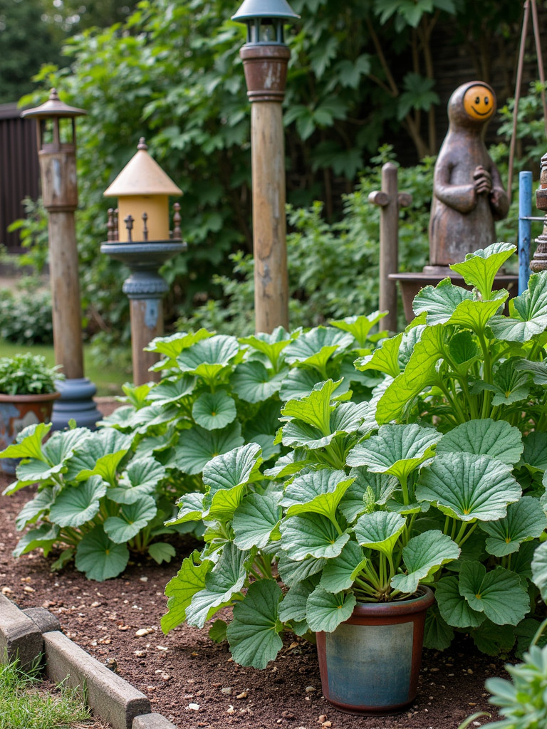 A photo of a vibrant vegetable garden with decorative art pieces scattered throughout, adding charm and personality to the space.