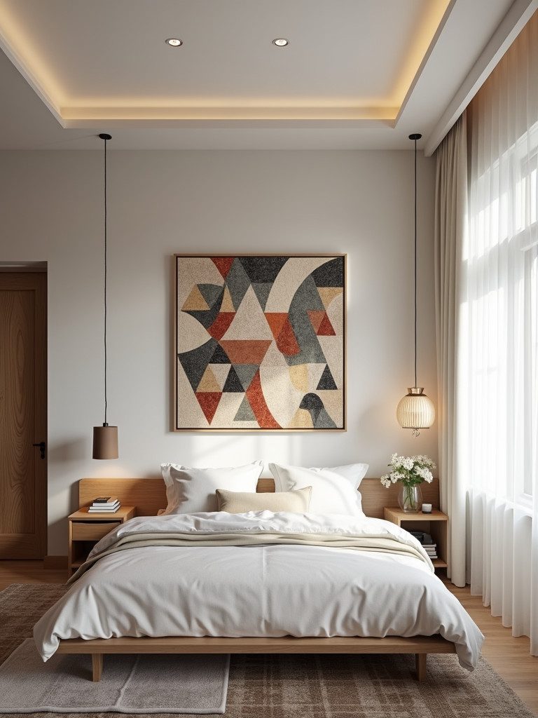Contemporary bedroom showcasing a geometric patterned artwork on the wall