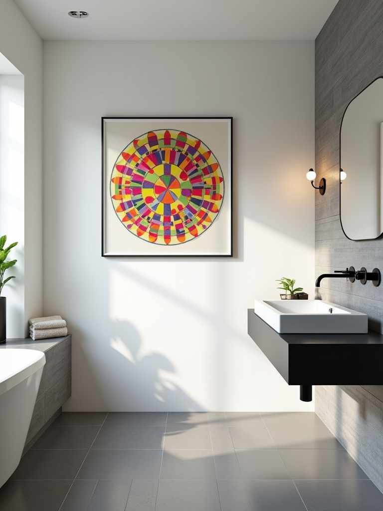 A colorful geometric pattern art piece hanging in a contemporary bathroom.