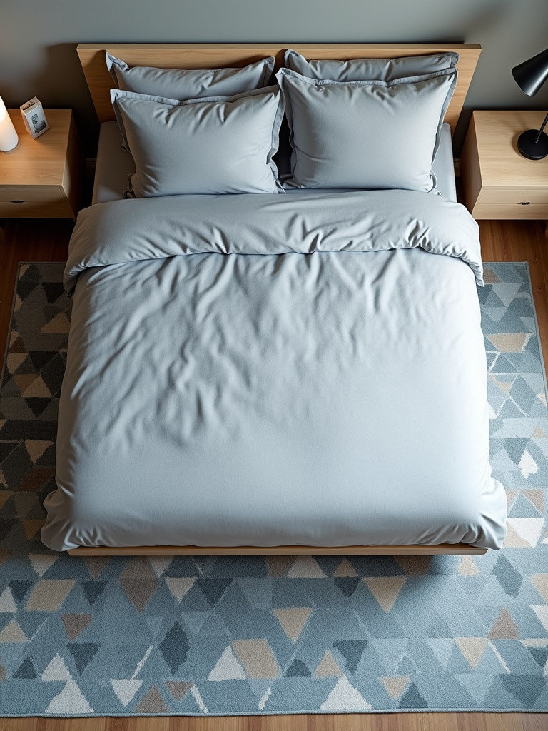 An overhead view of a bedroom featuring a geometric patterned rug under a bed
