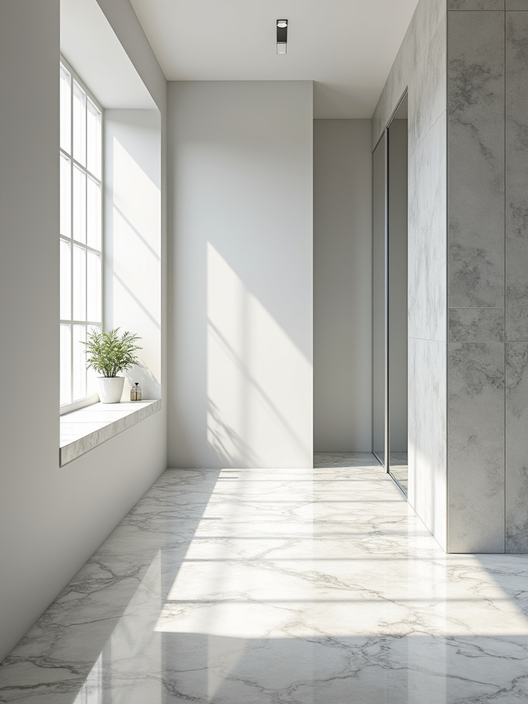 A modern bathroom with bold geometric patterned tile work, making the space dynamic and stylish.