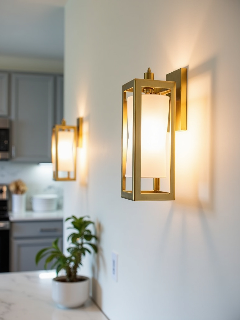 A modern kitchen with two geometric gold sconce lights mounted on the wall.