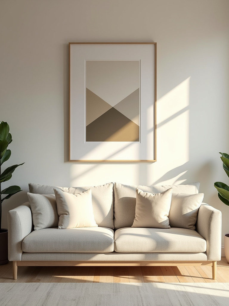 Geometric wall art hanging above a sofa in a minimalist living room