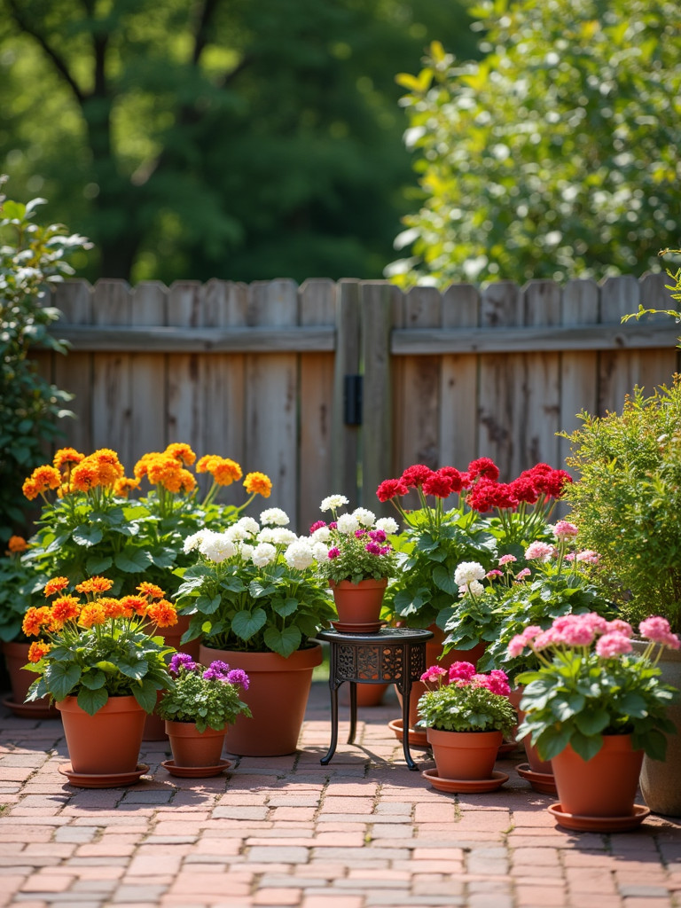 A patio with colorful potted geraniums under bright, diffused sunlight