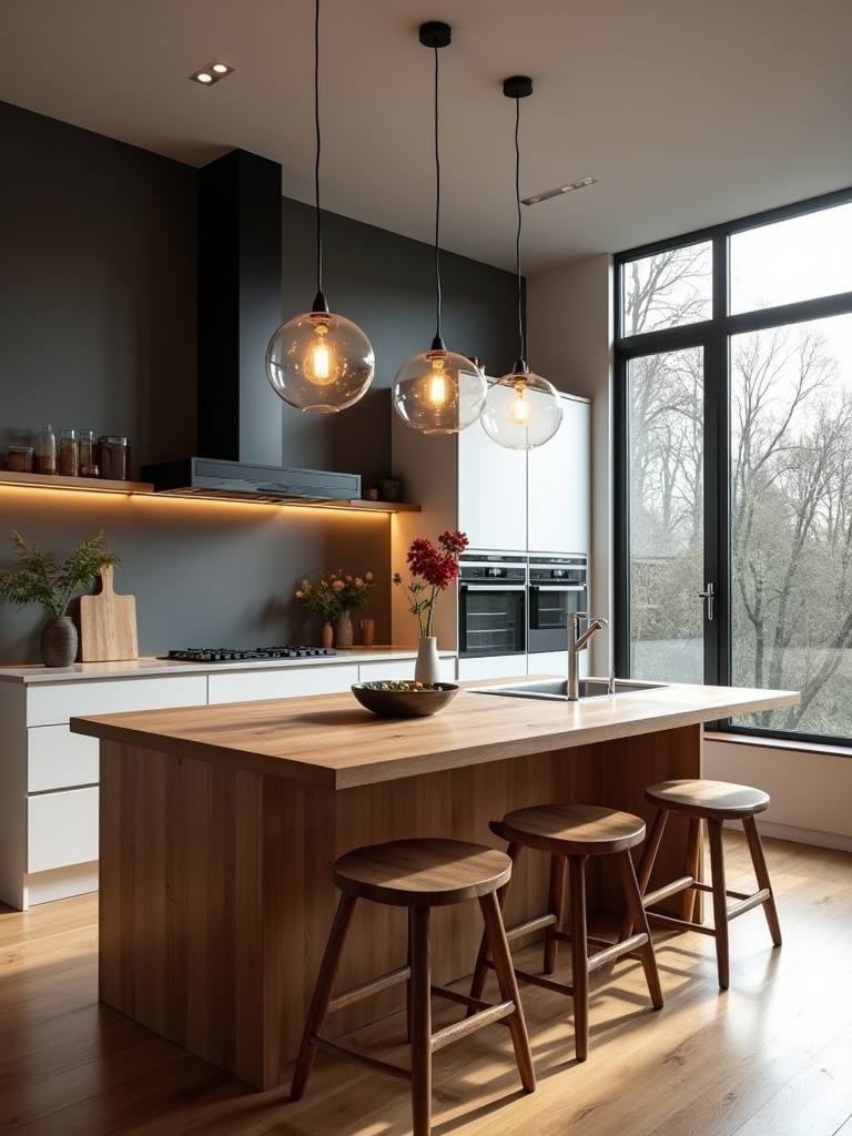 A modern kitchen featuring glass pendant lights over a kitchen island with a long dining table.