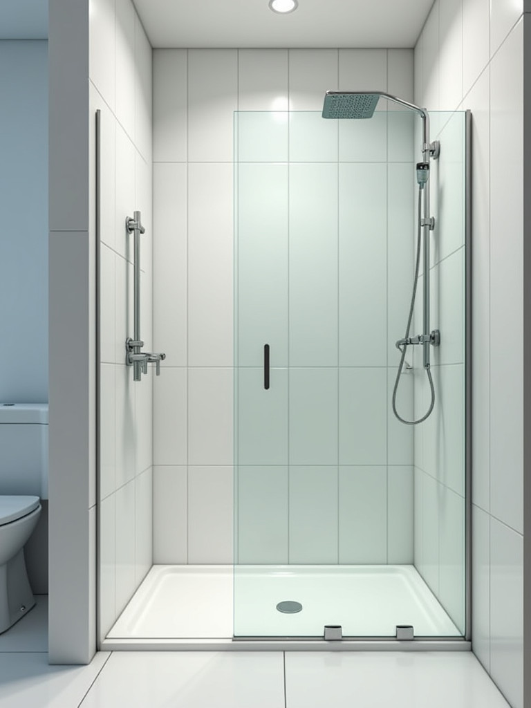 A small bathroom featuring a glass shower enclosure, white tiles, and soft ambient lighting.