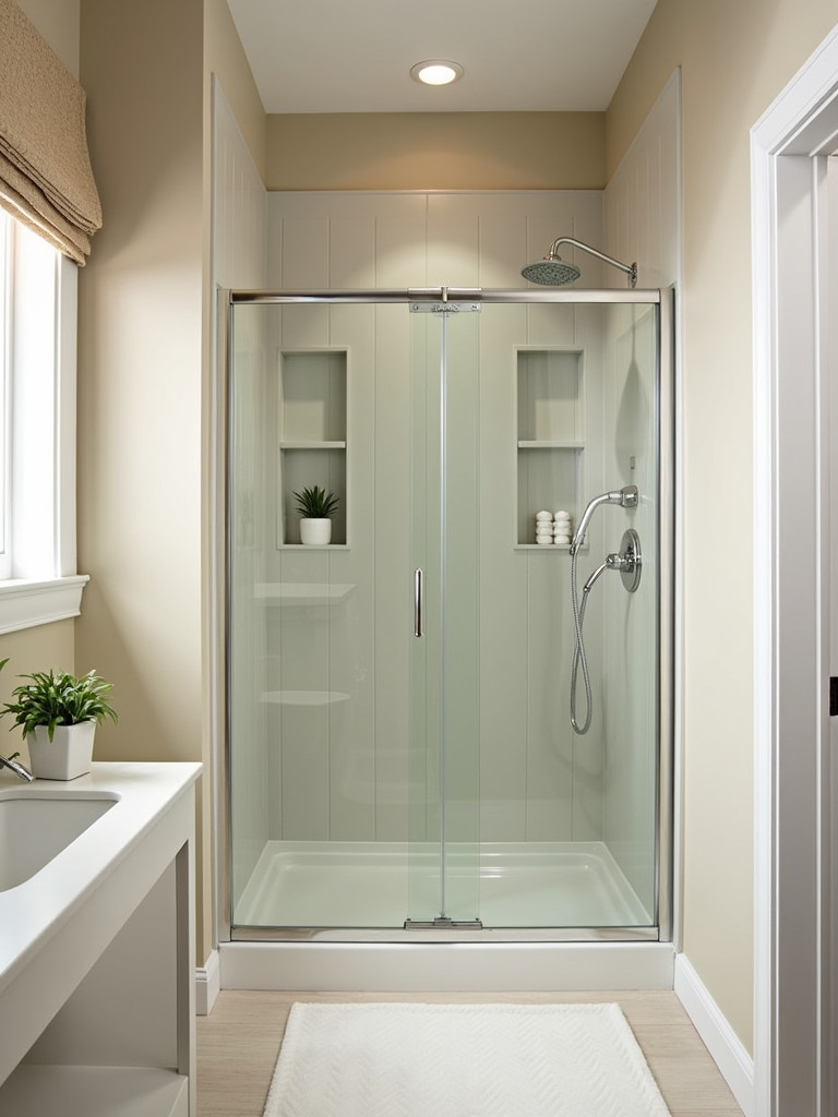 A clear glass shower enclosure in a contemporary small bathroom