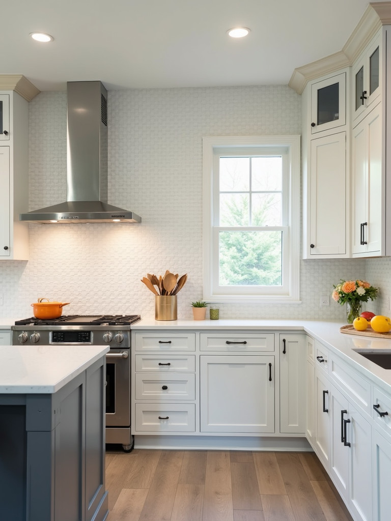 A traditional kitchen featuring a glass tile backsplash that reflects light, with parts of the counter and upper cabinets