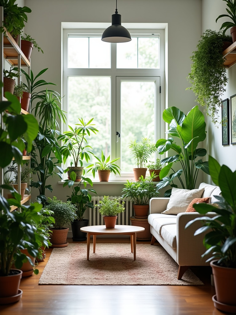 A living room filled with a variety of indoor plants