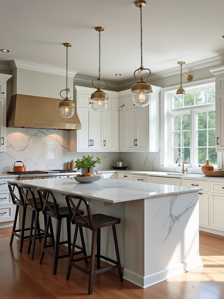 A bright spacious kitchen featuring a large statement island with a marble countertop