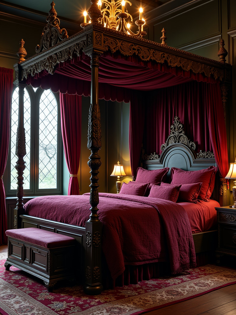 A full Gothic Revival bedroom with a four poster bed, dark fabrics, and arched windows.